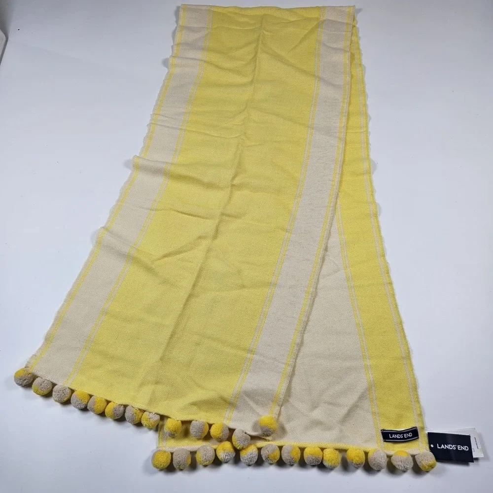 Lands End Womens Yellow wool Blend Oblong Scarf Striped Pom Pom Trim New 72